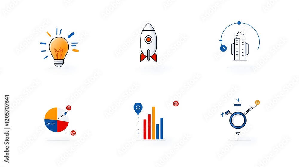 Fototapete Clean linear collection of 6 icons featuring growth analytics metrics charts bar graphs and scalable data visualizations in a 16 9 aspect