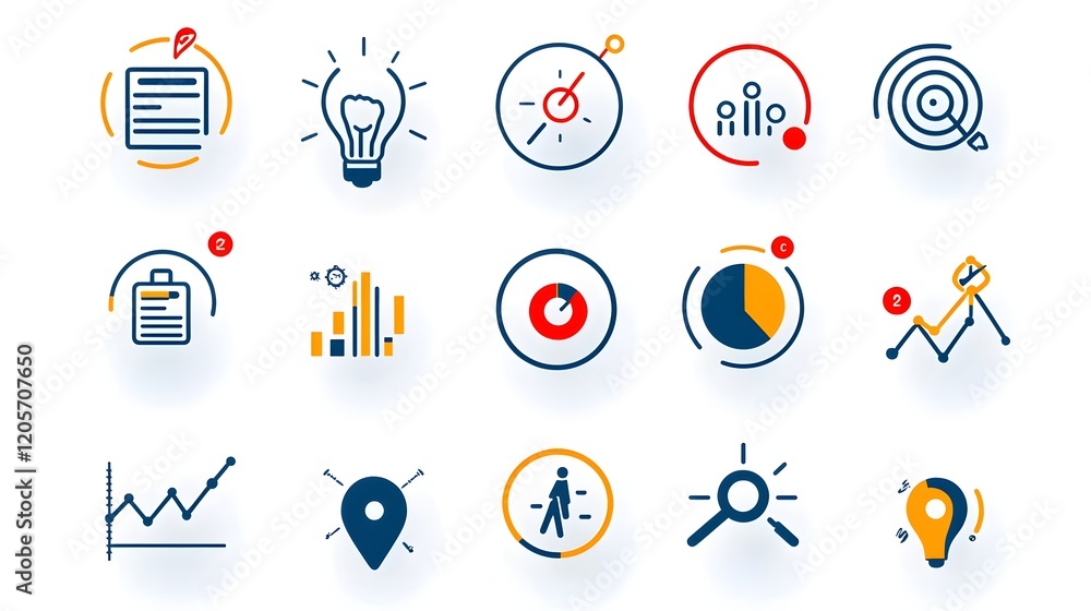 Poster Sleek and minimalist data analytics optimization visualization with a set of crisp geometric line icons  showcasing modern business performance tracking  growth reporting