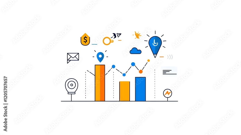 Fototapete Minimalist and clean linear data analytics visualization with growth metrics charts bar graphs and scalable data visual icons