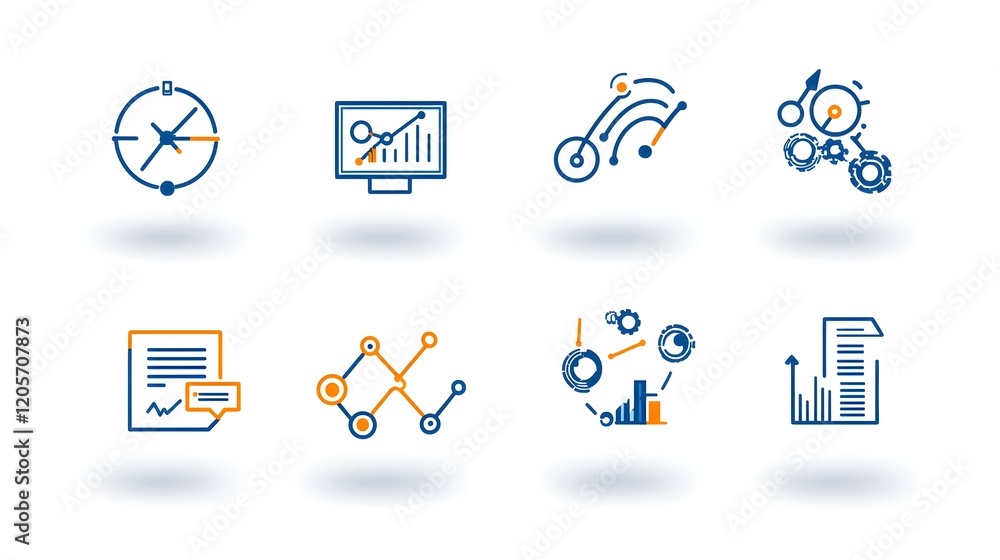 Fototapete Collection of 6 linear icons focused on data optimization and growth analysis featuring icons for metrics report graphs  data visualization