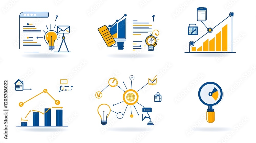 Fototapete Collection of 6 linear icons focused on data optimization and growth analysis featuring icons for metrics report graphs and data visualization in a simple line style