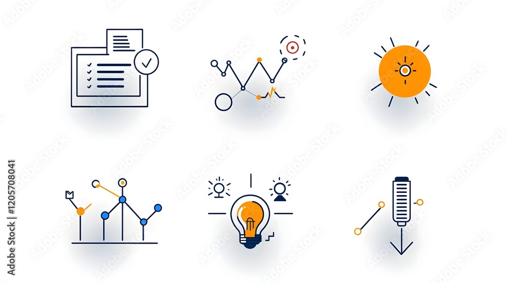 Fototapete Collection of 6 linear icons focused on data optimization and growth analysis  featuring icons for metrics reports  graphs  and data visualization in a simple line style design