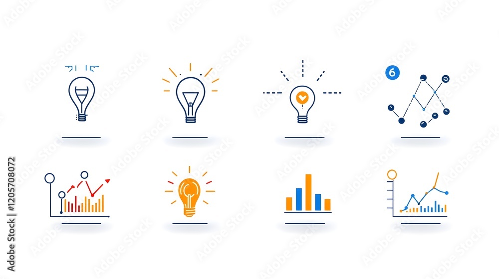 Fototapete This image showcases a collection of 6 linear icons that focus on data optimization and growth analysis  The icons feature elements such as metrics reports  graphs  and data visualization