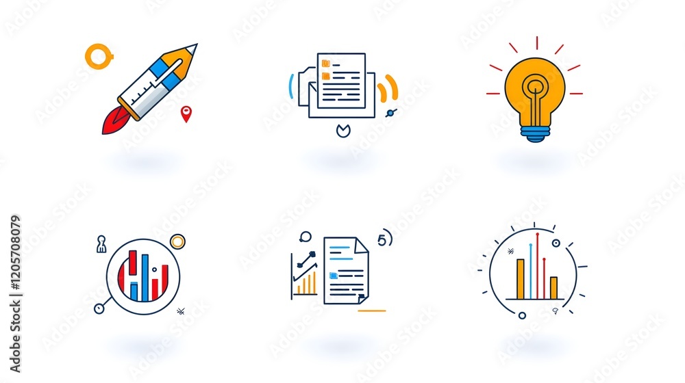 Fototapete Collection of 6 linear icons focused on data optimization and growth analysis featuring icons for metrics report graphs and data visualization in a simple line style