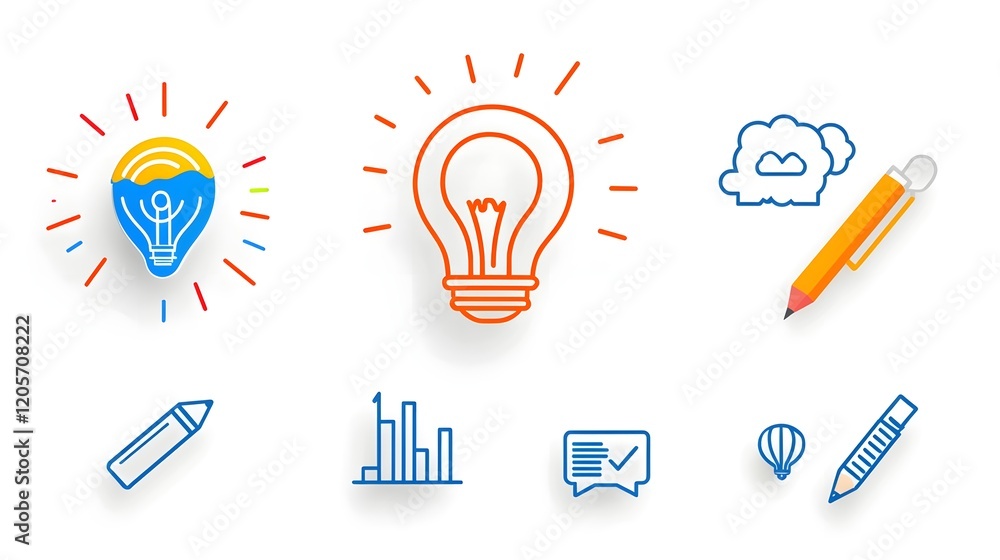 Poster Comprehensive set of linear business icons representing key concepts such as teamwork growth target goals and innovation  These simple graphics are designed for use in web interfaces mobile apps