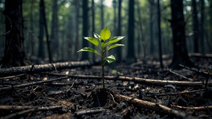 A small green sapling emerging from a burnt forest floor, symbolizing resilience, hope, and the power of regeneration.