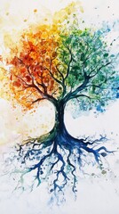 Vibrant Abstract Tree of Life in Watercolor with Colorful Leaves