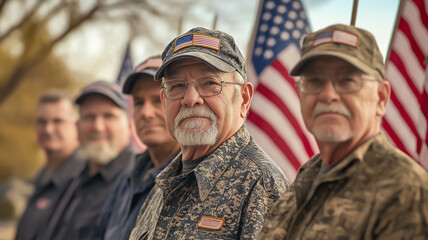 Fototapeta premium Photograph of a group of veterans standing proudly in front of a memorial, with American flags behind them on National Freedom Day