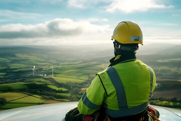 Wind Turbine Maintenance Worker in Safety Gear Overlooking Green Valleys