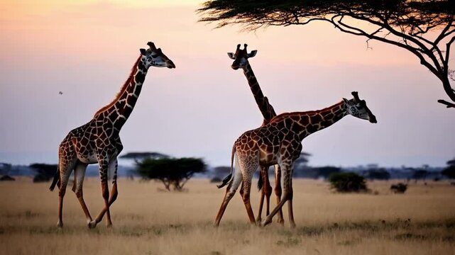 A family of giraffe walk in the Tsavo reserve