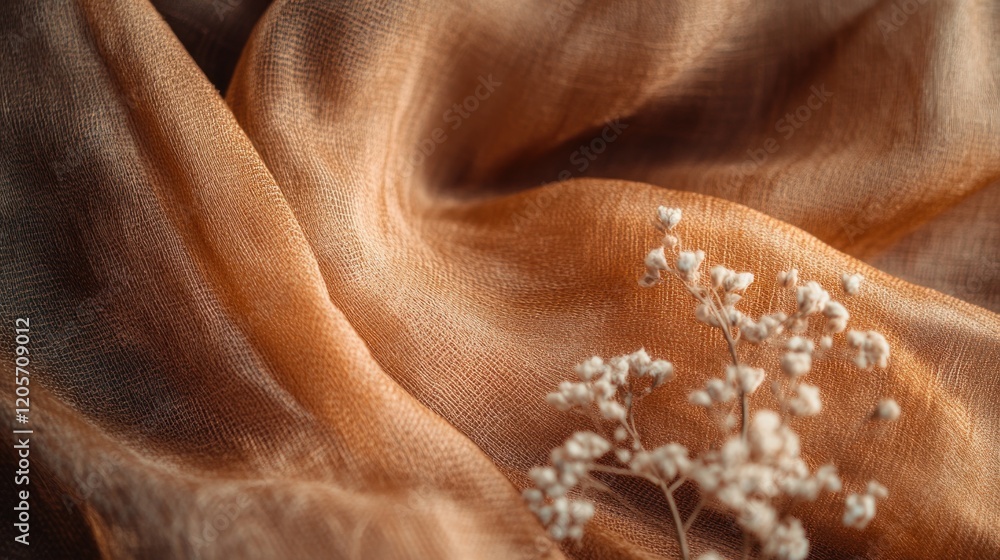 Poster textured fabric backdrop with soft woven threads and delicate white flowers for design use