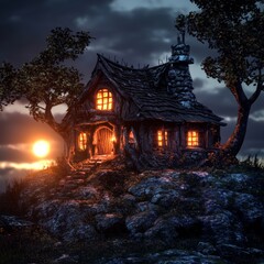 Fototapeta premium Illuminated Log Cottage on Hilltop at Sunset