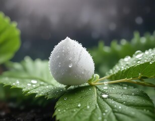 Fototapeta premium A miniature marshmallow perched on a leaf, with dew drops glistening on its surface, delicate, appetizing