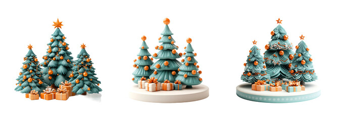 Naklejka premium Festive Pine Trees with Ornaments and Gifts Display