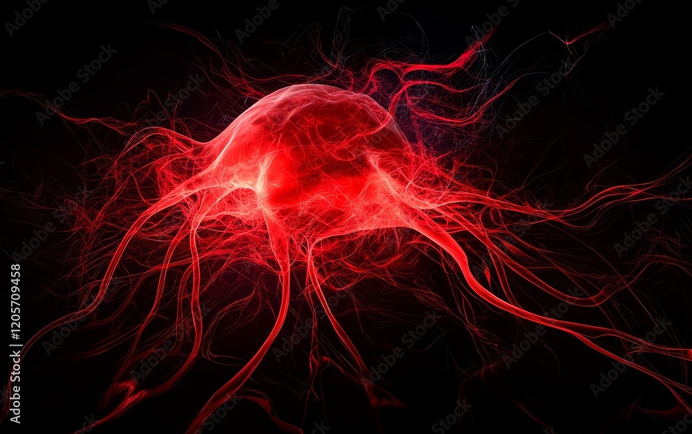 Poster a vivid, abstract representation of a glowing red entity with tendrils, set against a dark backgroun