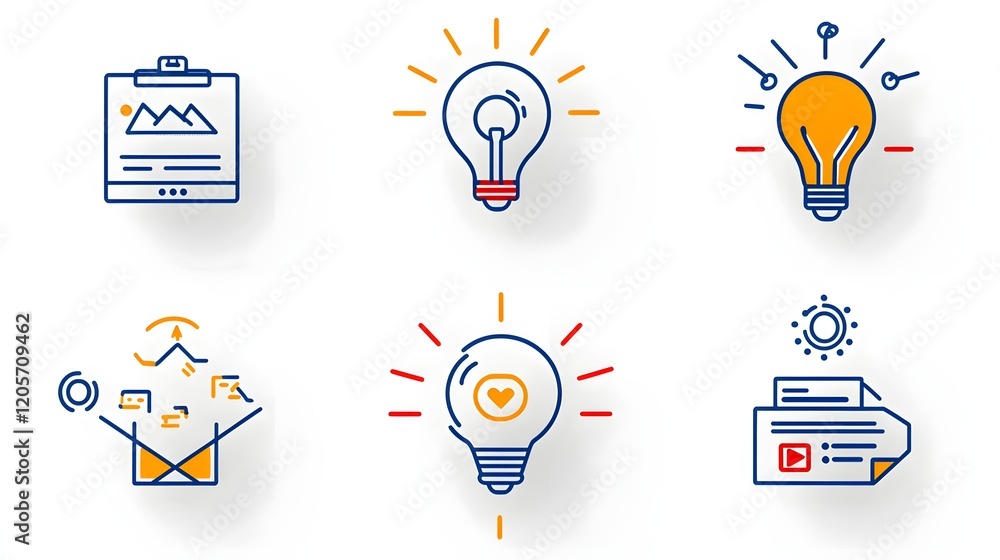 Poster collection of 6 minimalist line icons representing essential digital marketing elements like adverti
