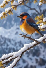 Fototapeta premium A mountain bird perched on a snow-covered branch of a tree in the Alps, nature, mountain, tree