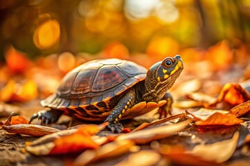 Naklejka premium Adorable Turtle Crawling on Autumn Leaves - Wildlife Stock Photo