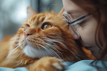 Woman Gently Hugging Ginger Cat
