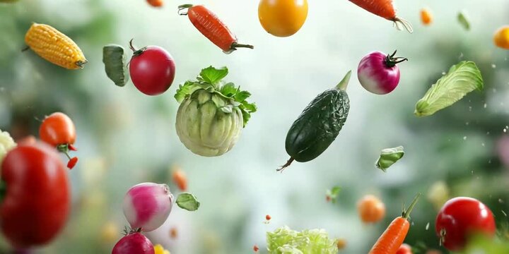 Animated vegetables falling to the ground. 3d animation.
