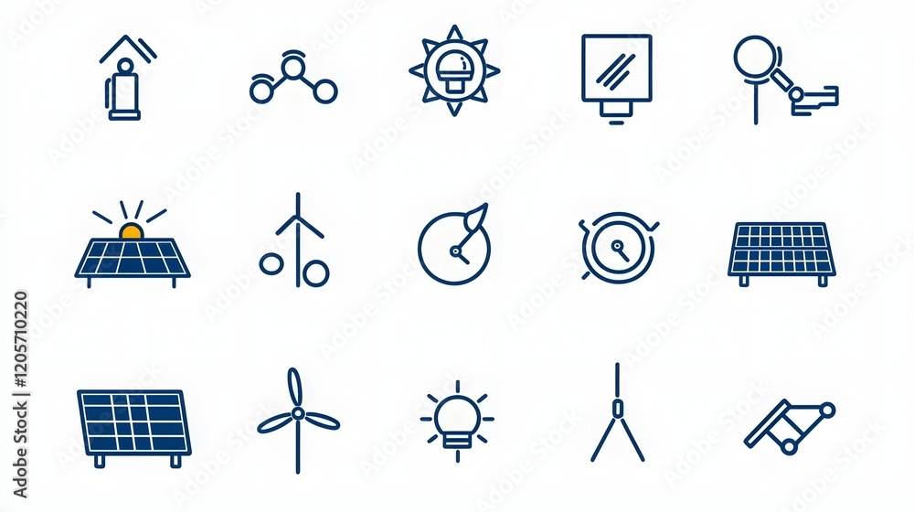 Poster comprehensive solar energy icon set featuring 15 minimalist outlines depicting various renewable pow