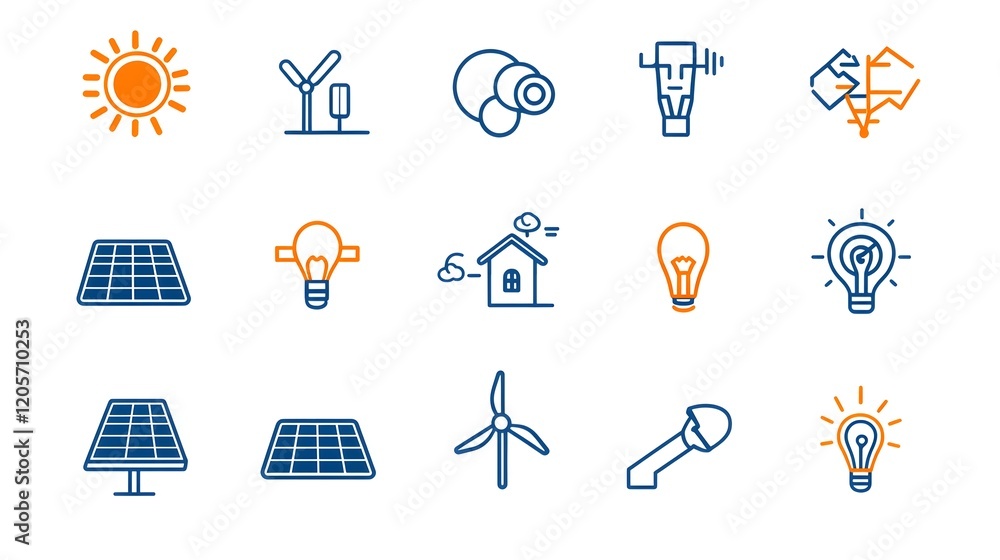 Poster this comprehensive linear icon set showcases a range of renewable power solutions including solar pa