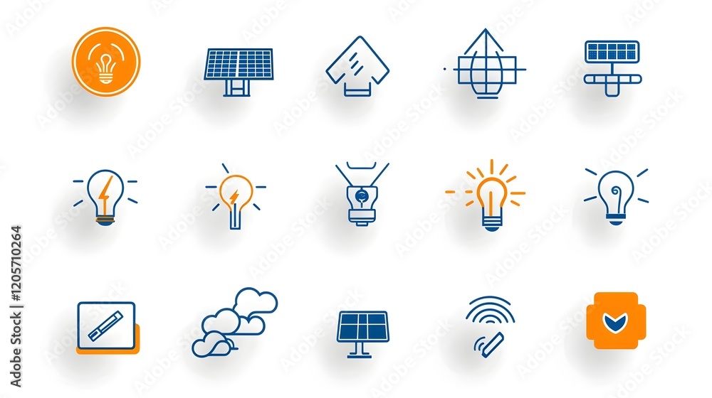 Poster Comprehensive solar energy icon set featuring 15 minimalist outline icons depicting various renewable power solutions including solar panel installation  power grid connection