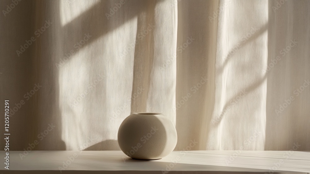 Aufkleber textured fabric with soft natural lighting creating shadows and a spherical vase on a light surface