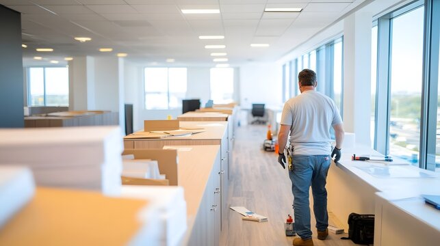 Carpenter Installing Custom Cabinets in Modern Office with Natural Lighting