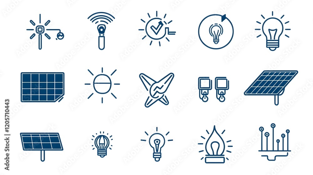 Poster Comprehensive collection of 15 minimalist linear icons depicting various renewable power solutions including solar panel installation  power grid connection