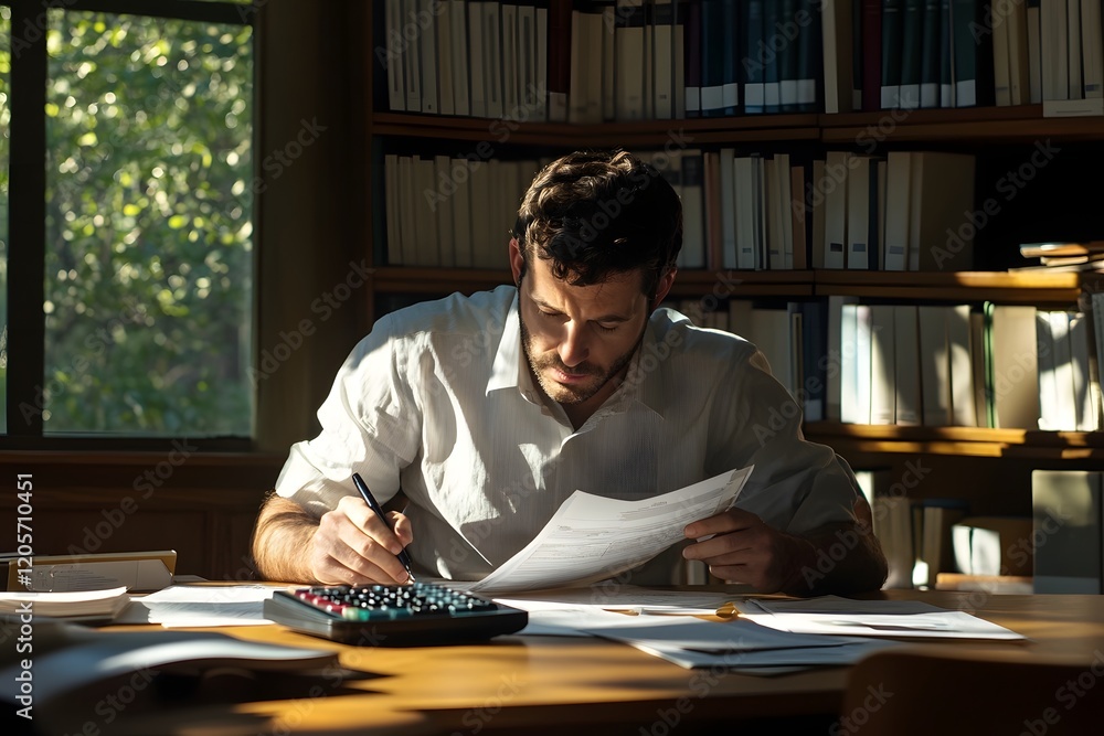 Poster financial analyst reviewing printed report with calculator and spreadsheets in library