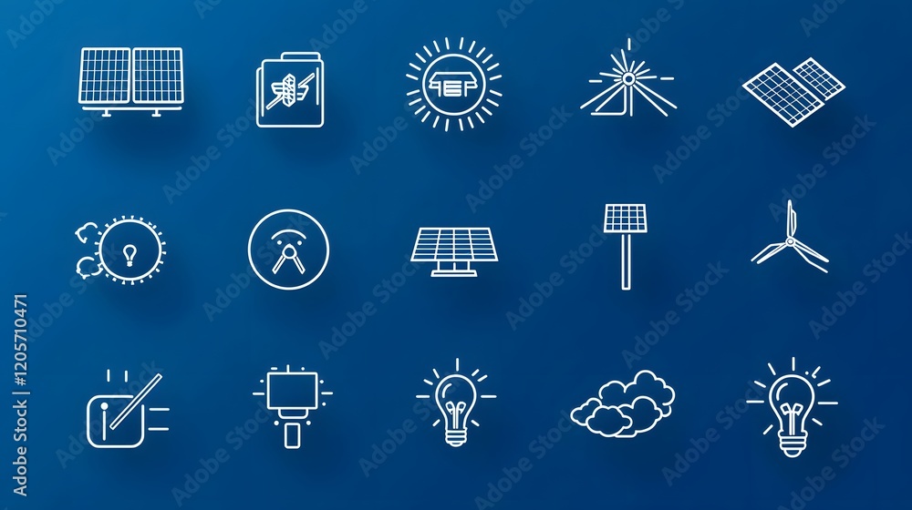 Poster comprehensive solar energy icon set featuring 15 minimalist outlines depicting various renewable pow