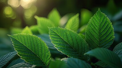 Lush green leaves catching sunlight in a vibrant forest during the morning hours