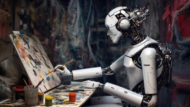 Humanoid robot painting with a brush in an artist's studio, comp
