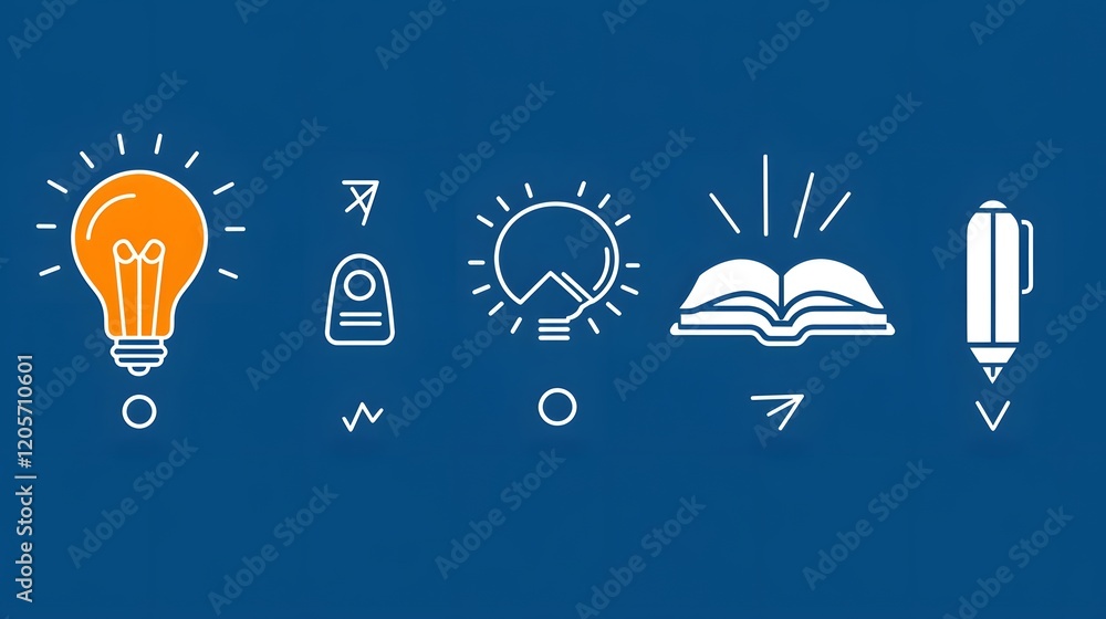 Aufkleber Comprehensive icon set featuring 6 linear symbols that represent the concepts of knowledge learning and intelligence  The set includes icons depicting a book a mind and creativity