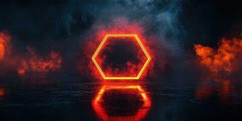 A bold neon hexagon glowing in fiery red, casting reflections on a dark glossy background