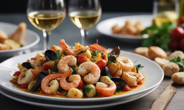 A plate of busara di scampi e frutti di mare with a glass of white wine, coastal cuisine, white wine