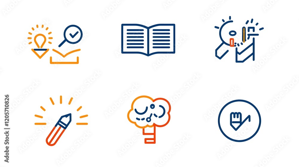 Poster Comprehensive collection of linear icons symbolizing the concepts of knowledge learning and intelligence  The set includes icons depicting a book a mind and creativity