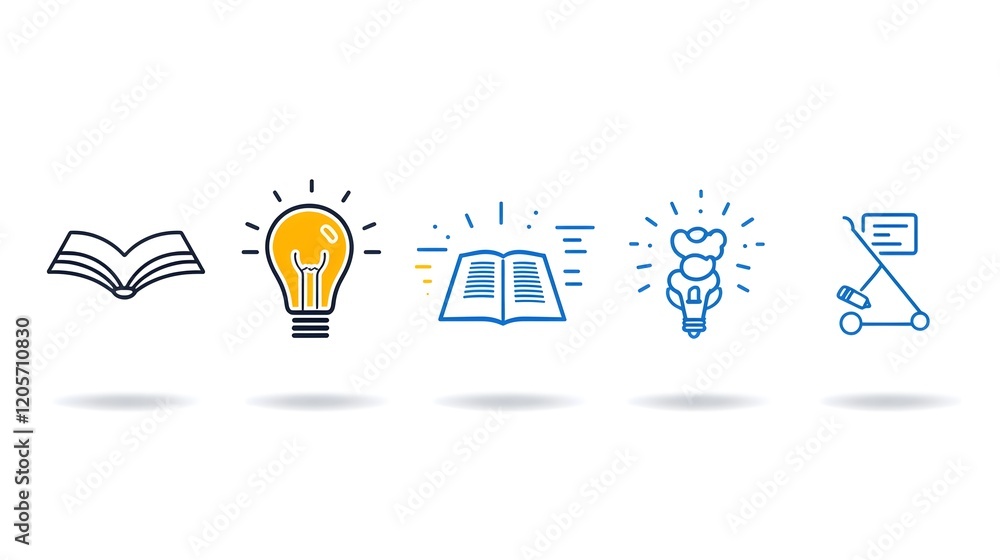 Poster A comprehensive icon set featuring symbols that represent the concept of knowledge learning and intelligence  The set includes icons depicting a book a mind and creativity
