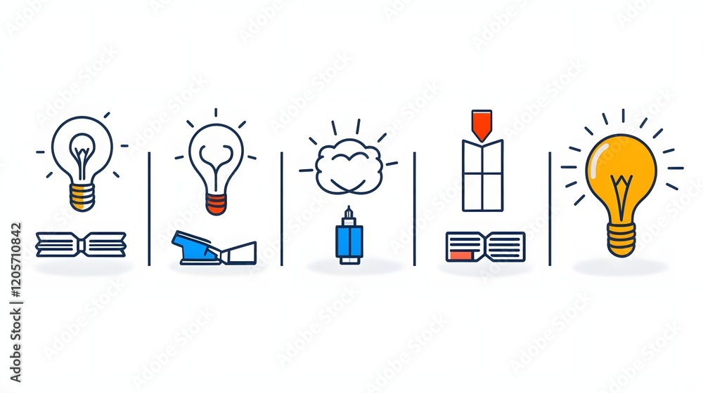Aufkleber Collection of 6 simple linear icons that symbolize the concepts of knowledge learning and intelligence  The icon set includes symbols for ideas creativity education research technology and more