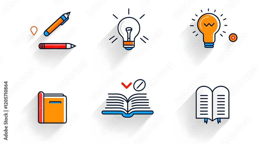 Aufkleber This comprehensive icon set features a collection of 6 linear icons that represent the concepts of knowledge learning and intelligence  The set includes icons depicting a book a mind and creativity