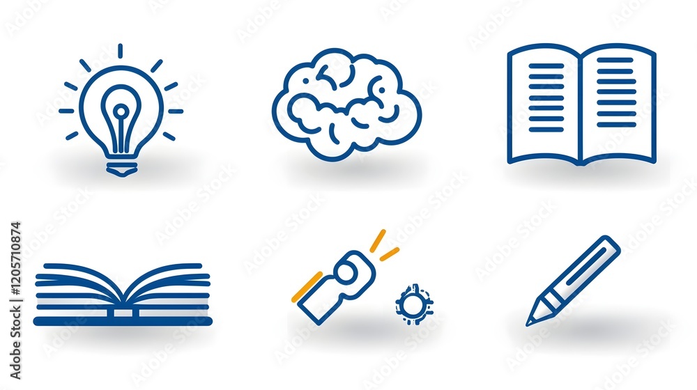 Leinwandbilder A comprehensive icon set featuring symbols that represent the concept of knowledge learning and intelligence  The set includes icons depicting a book a mind and creativity