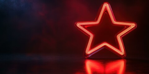 Fototapeta premium A bold neon star with rounded edges, glowing in fiery red, casting reflections on a glossy dark background