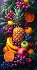 Tropical Fruit Abundance: A vibrant still life showcasing a pineapple, bananas, oranges, apples, and grapes arranged artfully amidst lush tropical leaves. The composition is rich in color and texture.