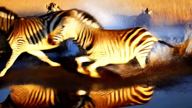 Wild dazzle of zebras cooling in watering pond and scared by approaching danger of predator in savanna. Group of ungulates running away from water creating splashes of dirt. Concept of migration