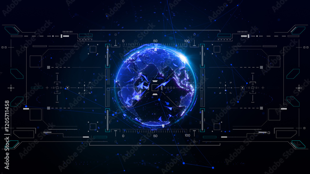 Poster HUD Futuristic Monitoring Screen To Explore The Digital Earth Rotating Data Scanning Information Display. Earth Spinning Graphic Number, Chart, Text Status Report Illustration.