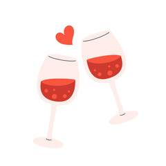 Wineglasses cheers. Two glasses of wine toasting. Love couple celebrating holiday, dating with alcohol drink. Vector illustration in flat style