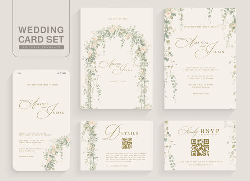 Set of Aesthetic Wedding Invitation Template with Watercolor Greenery Leaves and branch