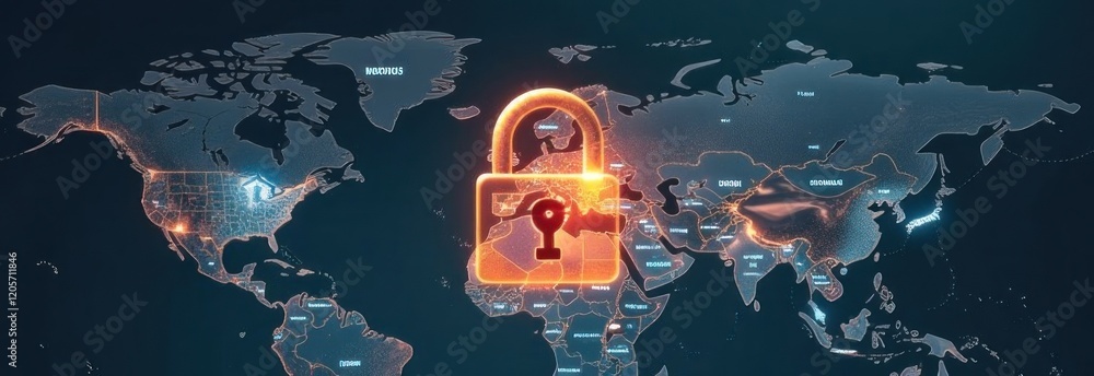 Poster global security protecting world map with futuristic digital lock