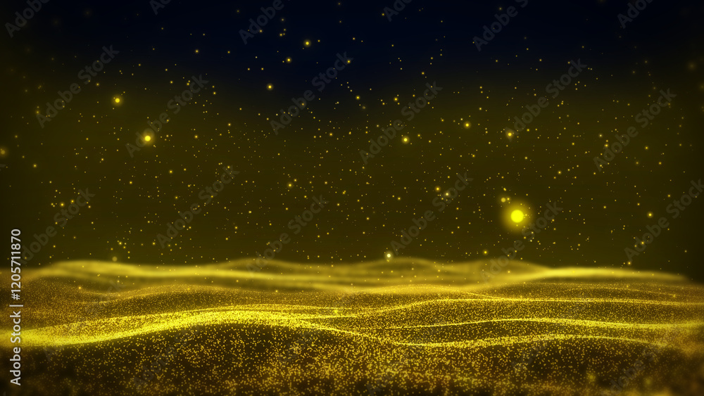 Poster golden glittering sparkle, flickering particle fly through. glamour gold lens flare, bokeh dynamic f